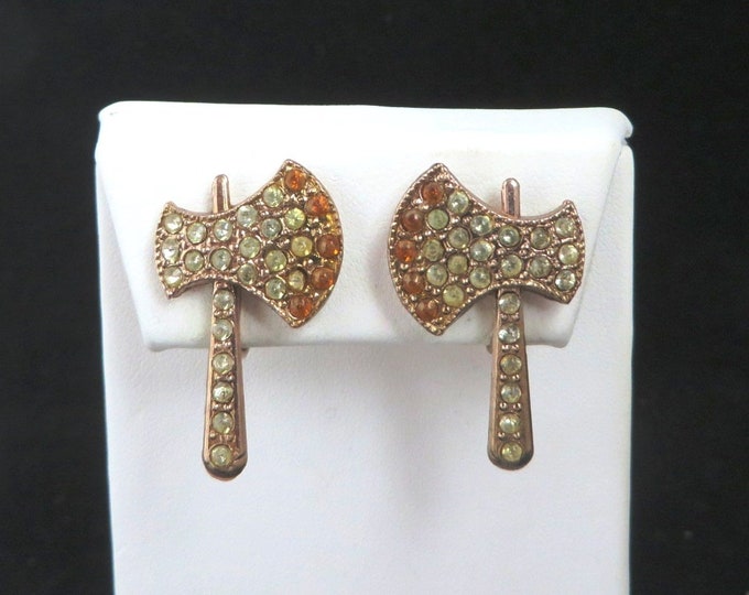 Vintage '50s Novelty Earrings, Copper Toned Rhinestone Tomahawk Screwback Earrings