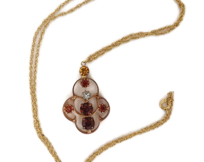 Vintage Orange Rhinestone Pendant, Gold Filled Chain Link Necklace, 24" Length