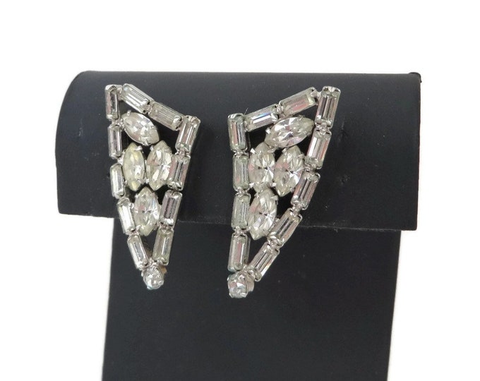 Rhinestone Earrings, Vendome Earrings, Vintage Silver Tone Triangle Clip-on Earrings, Bridal Jewelry, Formal Wear Gift Idea