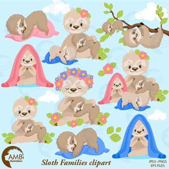 Sleepy sloth clipart, sloth family, sloth babies clipart, sloth mama and babies for scrapbooking ...
