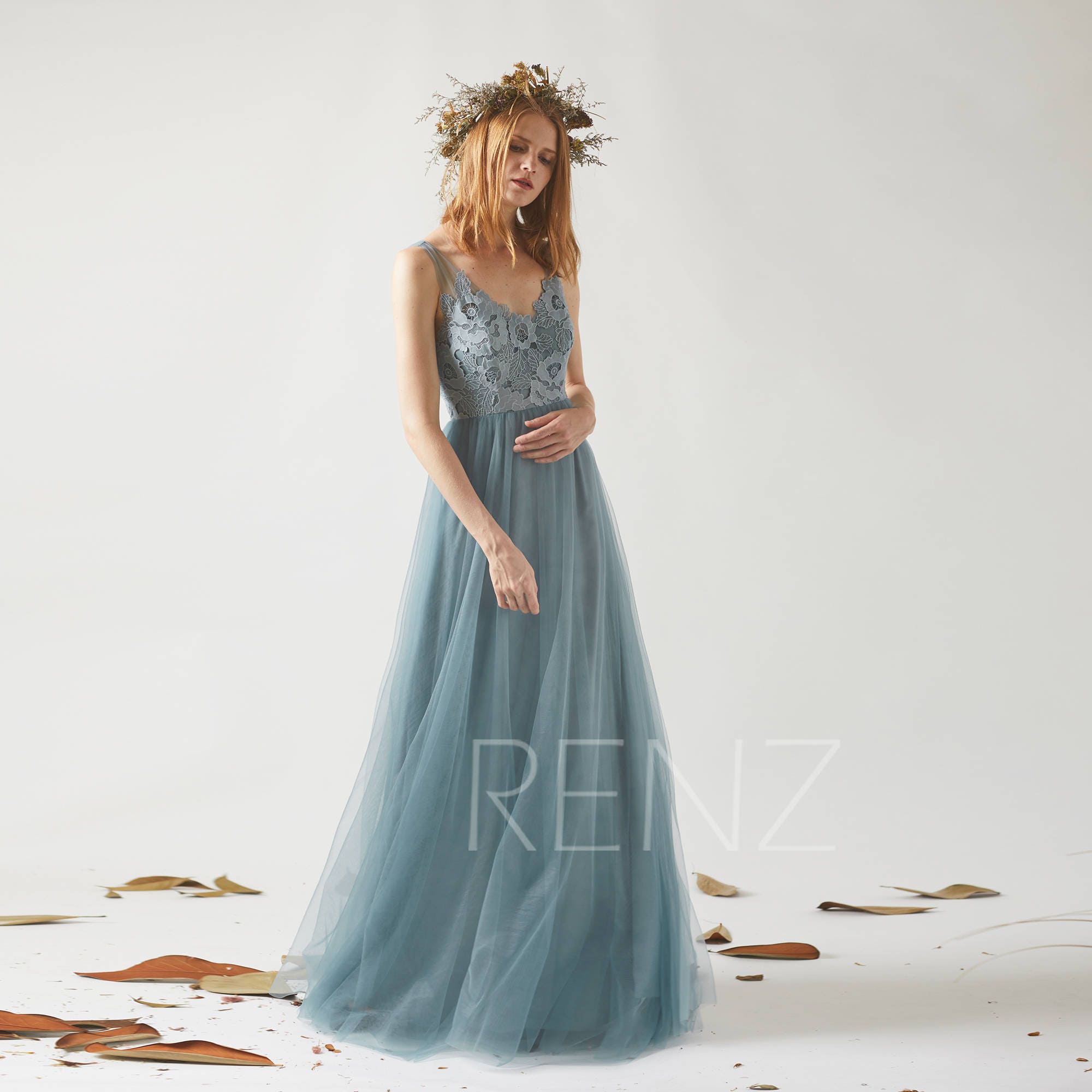  Bridesmaid Dress Dusty Blue  Tulle Wedding  DressIllusion Lace