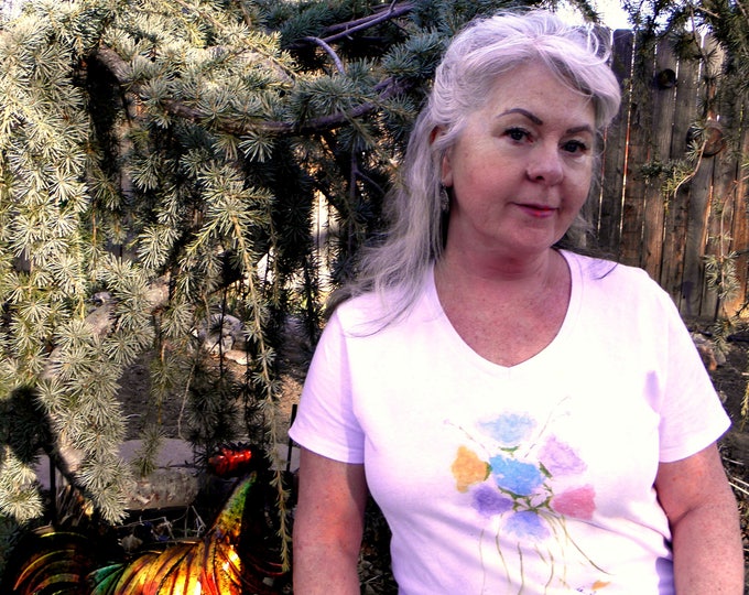 V-neck T-shirt Gift for Women created by Pam Ponsart of Pam's Fab Photos featuring a watercolor reproduction of spring flowers