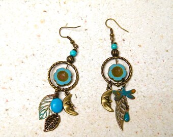 Bohemian earrings, brass, Czech glass flower beads, enamel, natural stone, gift idea for woman