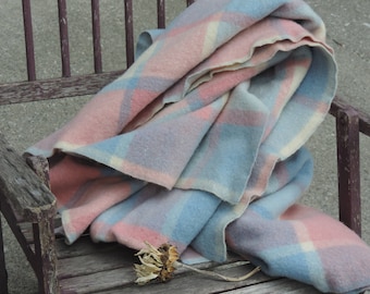 Vintage Wool Blanket 100% Wool Plaid Pastel Blue Pink and Cream Zig Zag Finished Edging
