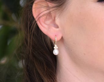 Freshwater Pearl Earrings-14 K Yellow Gold-Bridal Earrings-Pearl dangle earrings-Pearl drop earrings-Diamond & Pearl-anniversary gift