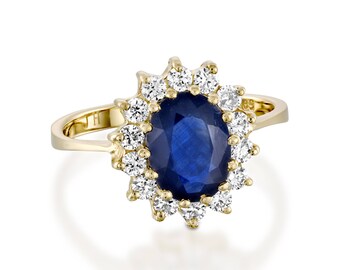 Diamond ring with Sapphire-Blue Sapphire-1 ct Blue Sapphire Engagement Ring-Yellow Gold Engagement Ring -Diana Ring-Anniversary ring-For her