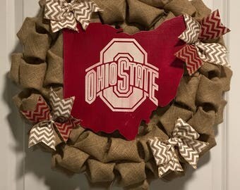 CPM Ohio State Wreath Natural burlap, red and white chevron ribbon