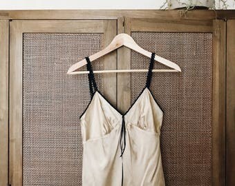 Vintage Express Nude Champagne 100% Silk Camisole and Black Lace Trim Size XS