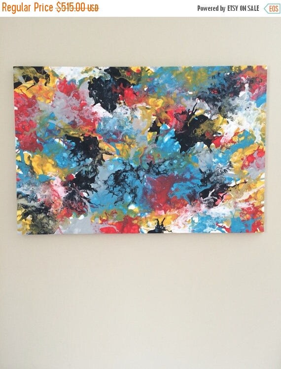 SALE Abstract Blue XL Art Canvas Painting Large Wall Hanging