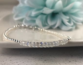 Dainty moonstone bracelet, June Birthstone bracelet, rainbow moonstone stacking bracelet, sterling silver