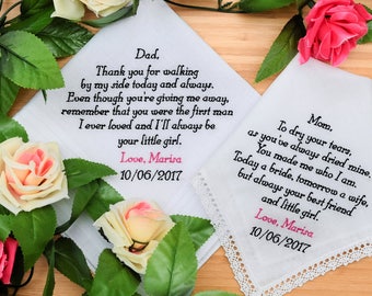 Personalized Handkerchiefs. Wedding Hankies. Mother and Father of the Bride Handkerchiefs. Embroidered Handkerchiefs Gift / Custom Set of 2