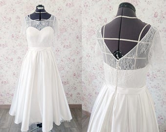Short wedding dress/ tea length ankle length wedding dress/ 1950s retro wedding dress/ lace wedding dress with sleeve/ Robe de mariée courte