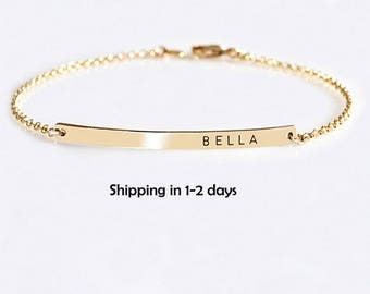 Gold Bar bracelet, Engraved Roman numerals bracelet, Wedding Date bracelet, Custom name Personalized bracelet, Nameplate Bridesmaids Gift