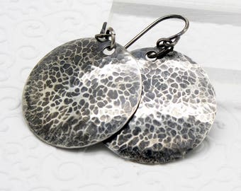 Oxidized Hammered Disc Earrings in Sterling Silver in Medium Size