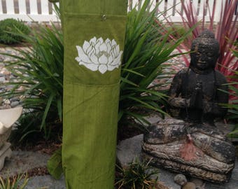 Unisex Yoga Mat Bag With Pocket & Straps.Draw String Closure.Hand Printed LOTUS FLOWER On Yoga Mat Bag.Yoga Mat Holder.Pilates Mat Bag.GREEN