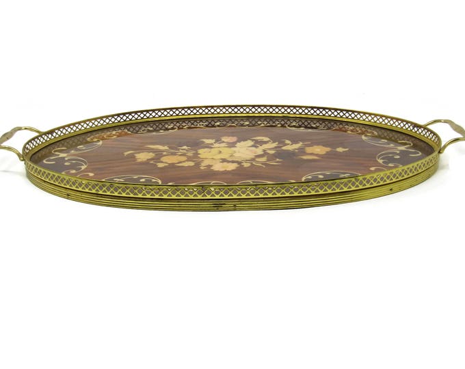 Large Marquetry Inlaid Wood & Brass Serving Tray with Flowers - Vintage Mid Century - Made in Italy - Mad Men Decor