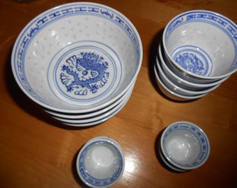 12 Piece Bowl Set Chinese Dragon White/Blue Rice Grain Pattern