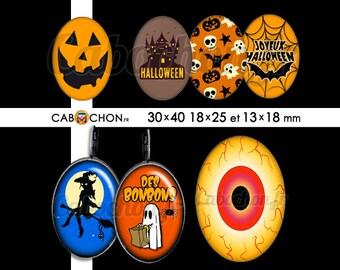 Happy Halloween ll • 45 Images Digitales OVALES 30x40 18x25 13x18 mm squelette corbeau citrouille poison orange crane mort araignée horreur