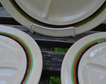 Carr China St Louis Glo Tan - Grill Plate - Divided Dinner Plate - SET of 3 - Railroad Restaurant Ware - Tan with Green Brown Black Banding