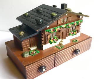 1970s Swiss Chalet Jewelry Music Box Plays Raindrops Are Falling On My Head. Wooden House. 2 Drawers. Red Velvet. Rocks on the Roof. Mirror.