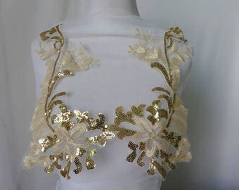 Gold Lace Applique, Alencon Lace Applique With Sequins, Gold Alencon Appliques Sell By One Pair