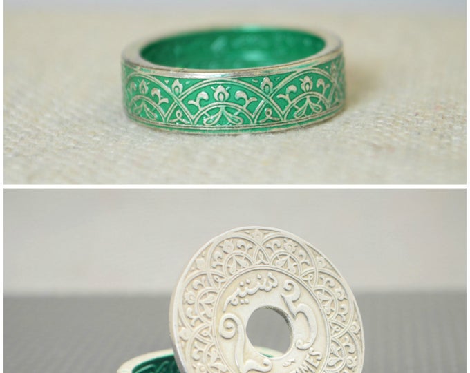 Moroccan Coin Ring, Green Coin Ring, Stained Glass Ring, Green Ring, Coin Art, Morocco, Silver Coin Ring, Moroccan Art, Boho Ring, Green