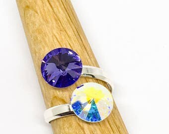 Sterling silver adjustable Swarovski Rivoli double stone ring