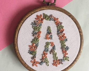 Letter A Floral Embroidery Hoop Art