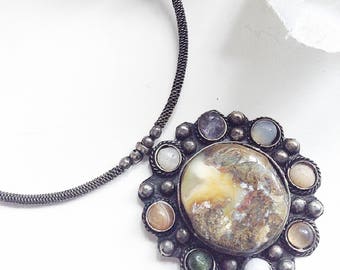 Silver Necklace, Gem Stone Necklace, Choker Necklace, Vintage Jewelry, Vintage Agate Necklace, Silver Neck Ring, Vintage Stone Choker , Vi