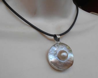 Sterling Blister Pearl Pendant Necklace, Black Leather Cord, Double Sided