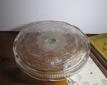 Vintage Glass Cake Stand - Star and Diamond Pattern - Floral Band - Skirted Plate - Ribbed Pedestal