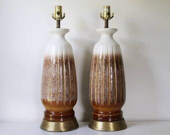 Pair of mid century modern drip glaze white and brown neutral lamps