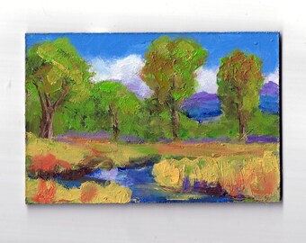 original 4x6 oil painting modern impressionist landscape tree painting, cloud painting,
