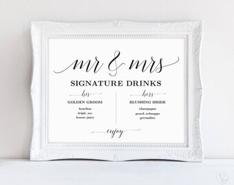 Signature Drinks Sign, Mr and Mrs Signature Drinks Sign, Printable Signature Drinks Sign, Wedding Reception Sign