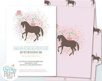 Pony/Horse Printable Party Invitation in Pink, Mint & White, 5x7in. Instant Download