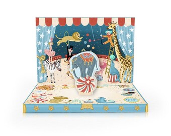 Circus Adventure Greeting Card Musical box for big and small Birthday Adventures, Twirling Elephant musical card ready for posting