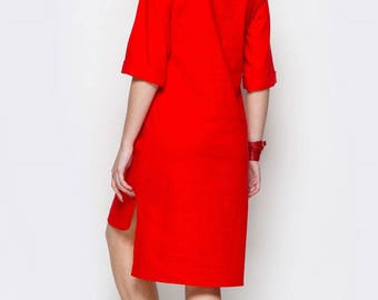 Linen red dress Knee dress Boho dress Casual dress for woman Box dresses Cute red dress