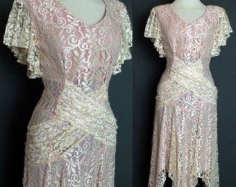 Vintage Gatsby Lace dress Flapper Dress Pink Overlay Wedding Dress XS-S