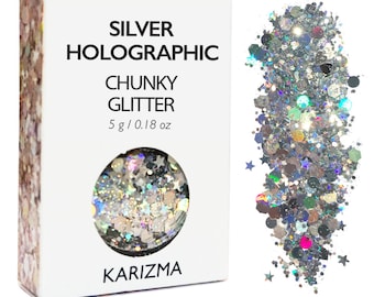 Silver Holographic Chunky Glitter Face Body Nails Hair Festival Gems Beauty Makeup Accessories Holiday Beach Birthday Gift For Her