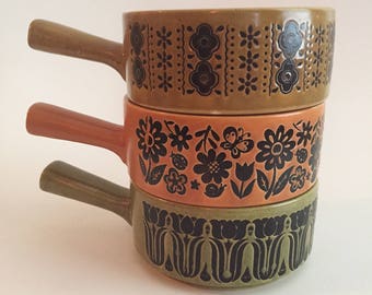Vintage 70s Stoneware Soup Bowls with Handles Mod Retro Design Stackable Made in Japan
