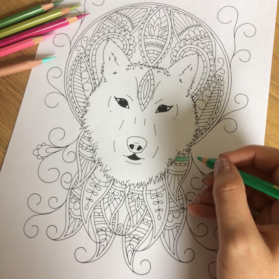 Adult colouring page Mystical Wolf coloring