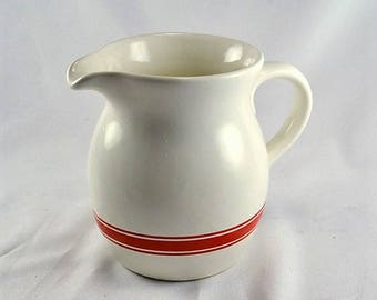 Pottery Pitcher - White w/ Red Band --Vintage Farmhouse Beverage Pitcher - French Country Milk Pitcher