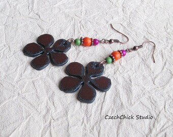 Rustic Metal Flower Earrings, Beaded Gemstone Earrings, Magnesite Pierced Earrings, Multicolored Dangle Earrings, Boho Drop Earrings,