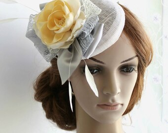 Yellowe Gray floral Fascinator, Womens Tea Party Hat, grey derby hat women, cocktail headpiece, Wedding Flower fascinator girl, millinery