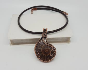 Ammonite Fossil Pendant Necklace, Steampunk Jewellery, Fossil Jewellery, Gothic Jewelry, Unisex Jewelry, Wire Wrapped, 7th Anniversary Gift