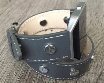 Grey Vegan Leather Bracelet for Fitbit Blaze Fitness Watch Handmade Double Wrap Wristband with Silver Frame & Rivets Adjustable Size Band
