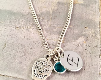Skull charm necklace, Personalized initial necklace, sugar skull necklace, for birthday, party favor, Silver plated birthstone, for teen