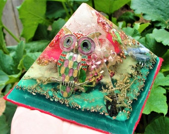 Forest Owl Orgonite Glow in the Dark Pyramid 5 x 3.75" Crystal Energy Free Gift