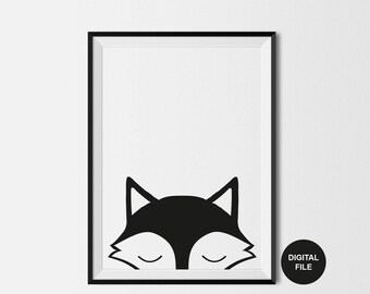 Fox Illustration, Children's Art Print, Digital Download, Printable Poster, Black & White Fox, Nursery Wall Art, Woodland Modern Kids Print