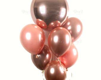 ROSE GOLD Balloon Bouquet - Rose Gold Orbz Balloon with 6 Custom Colored Rose Gold Latex Balloons - Metallic Rose Gold Balloons